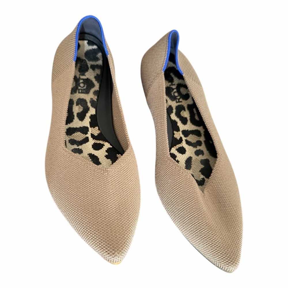 Rothy's Taupe Pointed Knit Flats with Blue Heel Trim